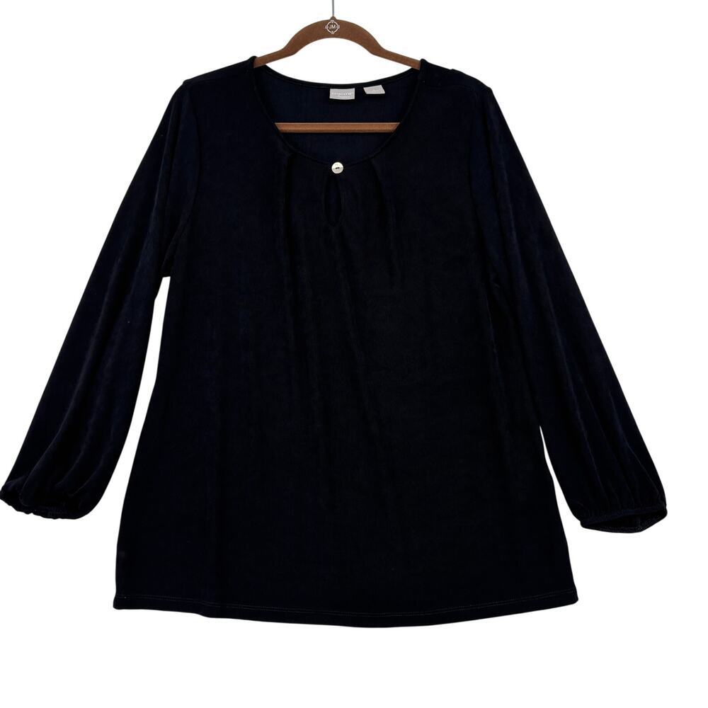 Chico's Travelers Slinky Blouse Top Size 12/14 Black Pullover Stretch Knit
